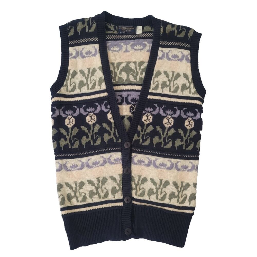 Vintage Striped Faire Isle Floral Knit Vest Size S Grandma Cottagecore Folk